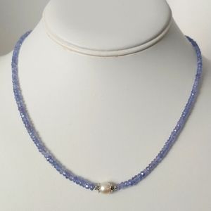 Handmade genuine tanzanite and pearl sterling silver necklace
